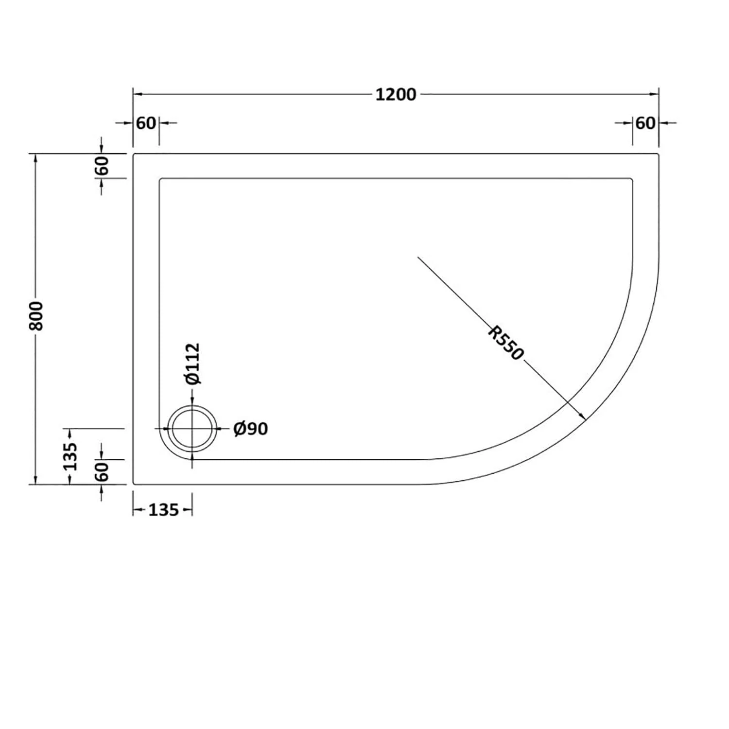 1200 x 800 Right Hand Offset Quadrant Stone Shower Tray - Image 2
