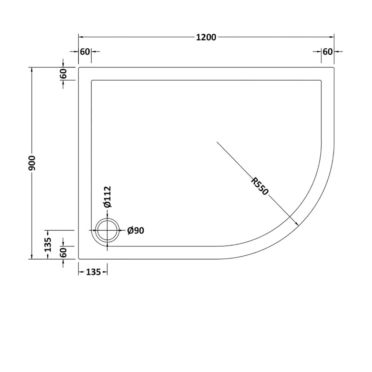 1200 x 900 Right Hand Offset Quadrant Stone Shower Tray - Image 2