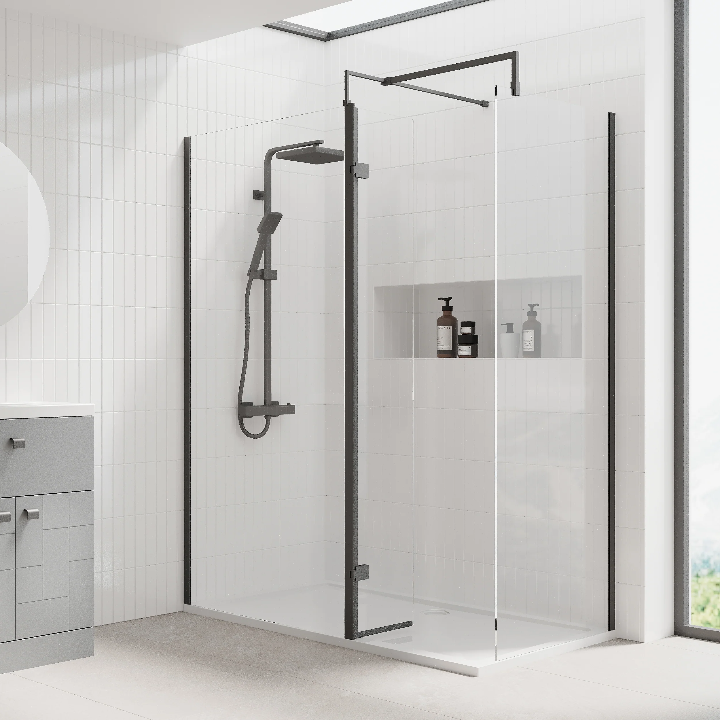 1400 x 800mm Stone Shower Tray & 8mm Screen Pack - Matt Black Profile - Image 5