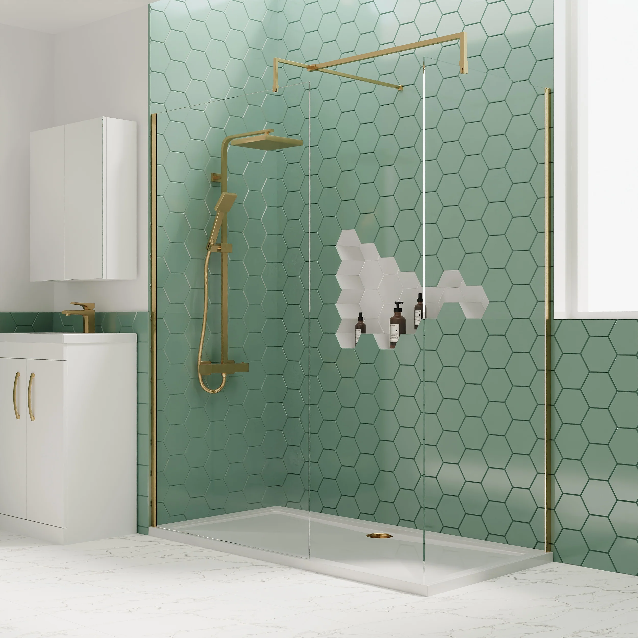 1400 x 800mm Stone Shower Tray & 8mm Screen Pack - Brushed Brass Profile - Image 5
