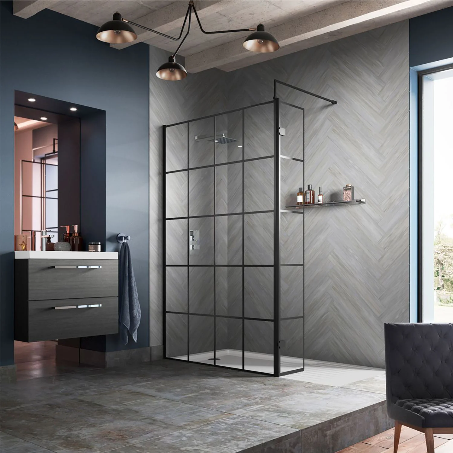 Trieste 8mm Black Grid Screen & 1400 x 900mm Walk-In Stone Shower Tray Pack