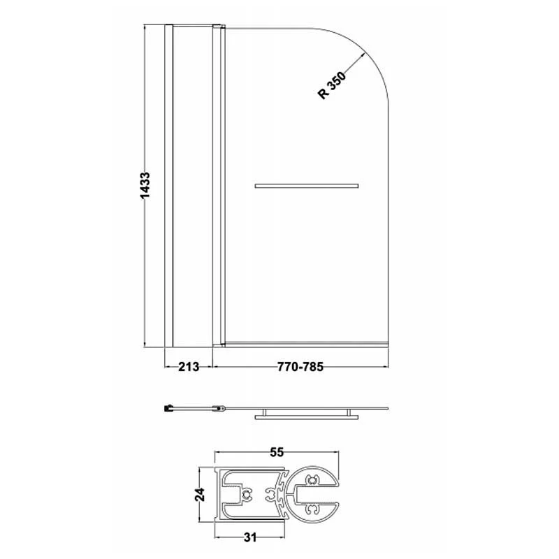 Hinged Straight Curved Double Bath Screen with Fixed Panel - 1433 x 998mm - Image 3