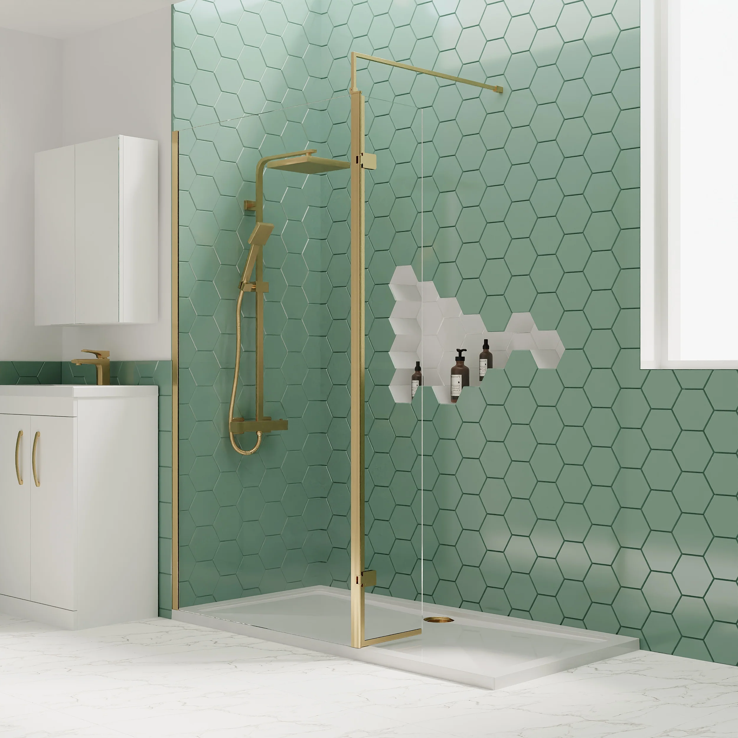 1500 x 700mm Stone Shower Tray & 8mm Screen Pack - Brushed Brass Profile - Image 3