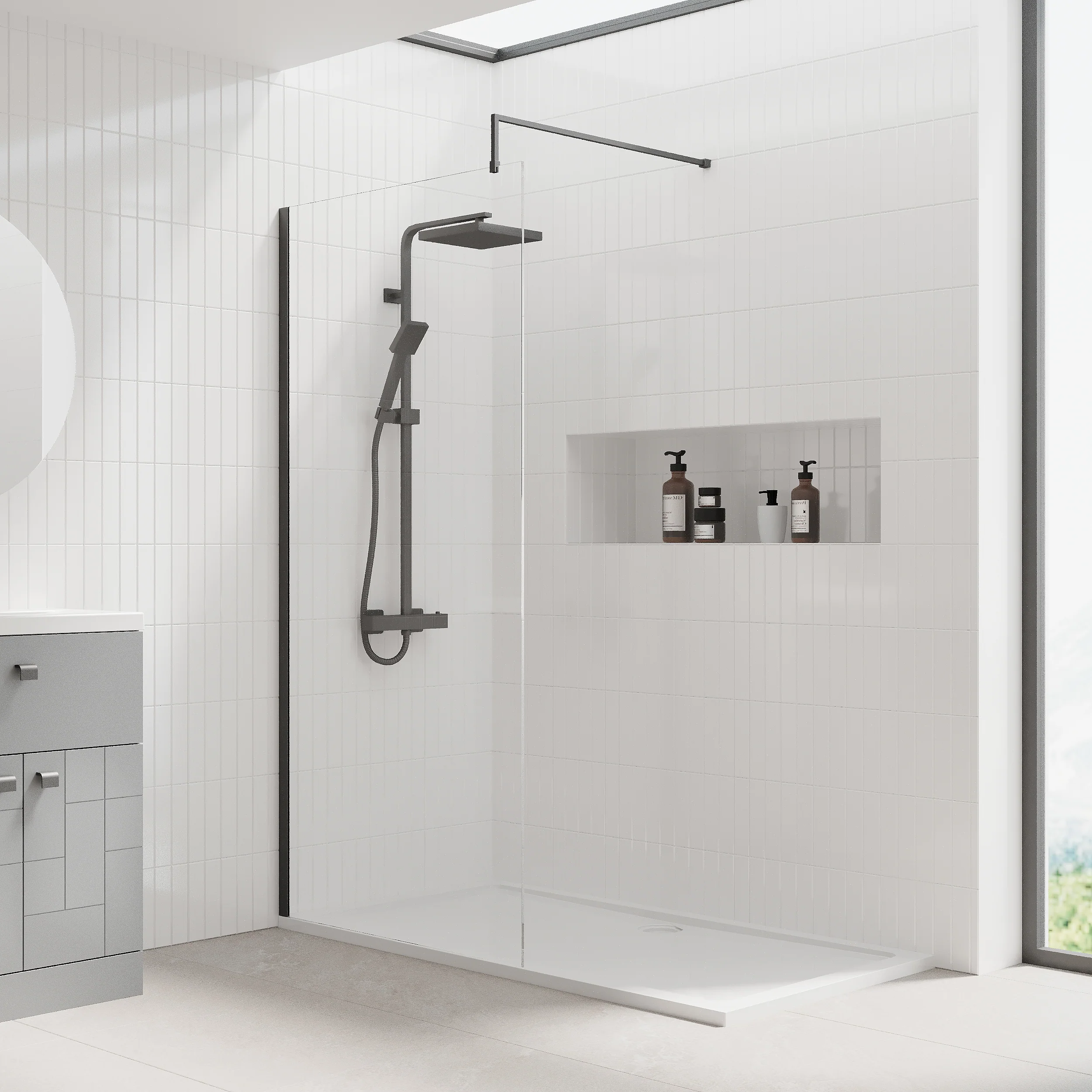 1600 x 760mm Stone Shower Tray & 8mm Screen Pack - Matt Black Profile