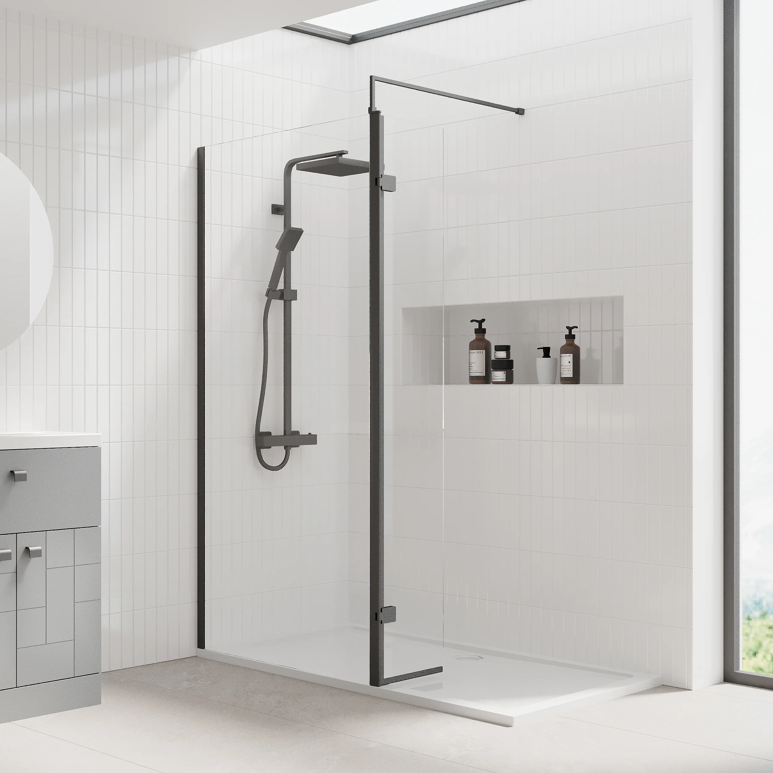 1600 x 760mm Stone Shower Tray & 8mm Screen Pack - Matt Black Profile - Image 3