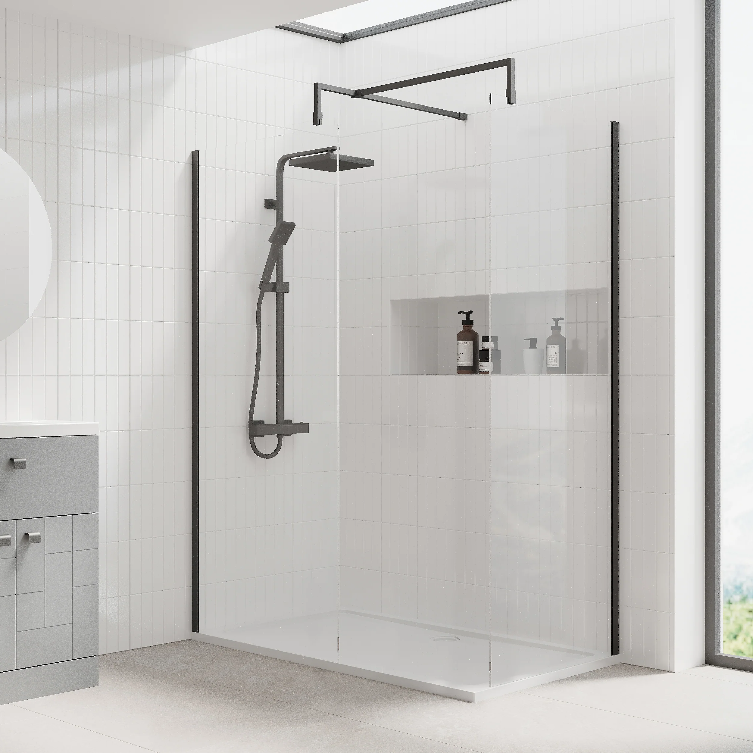 1600 x 760mm Stone Shower Tray & 8mm Screen Pack - Matt Black Profile - Image 6