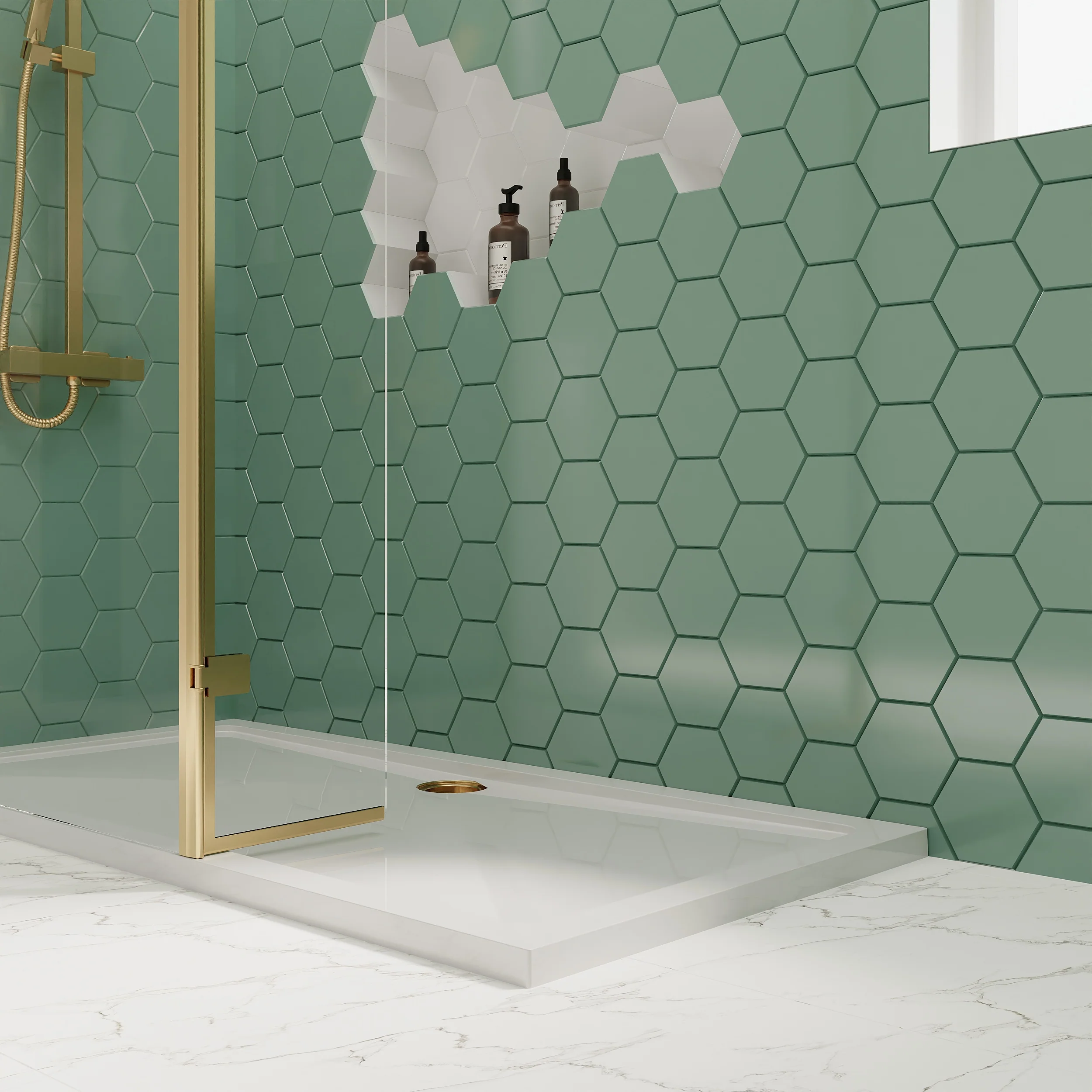 1600 x 900mm Stone Shower Tray & 8mm Screen Pack - Brushed Brass Profile - Image 7
