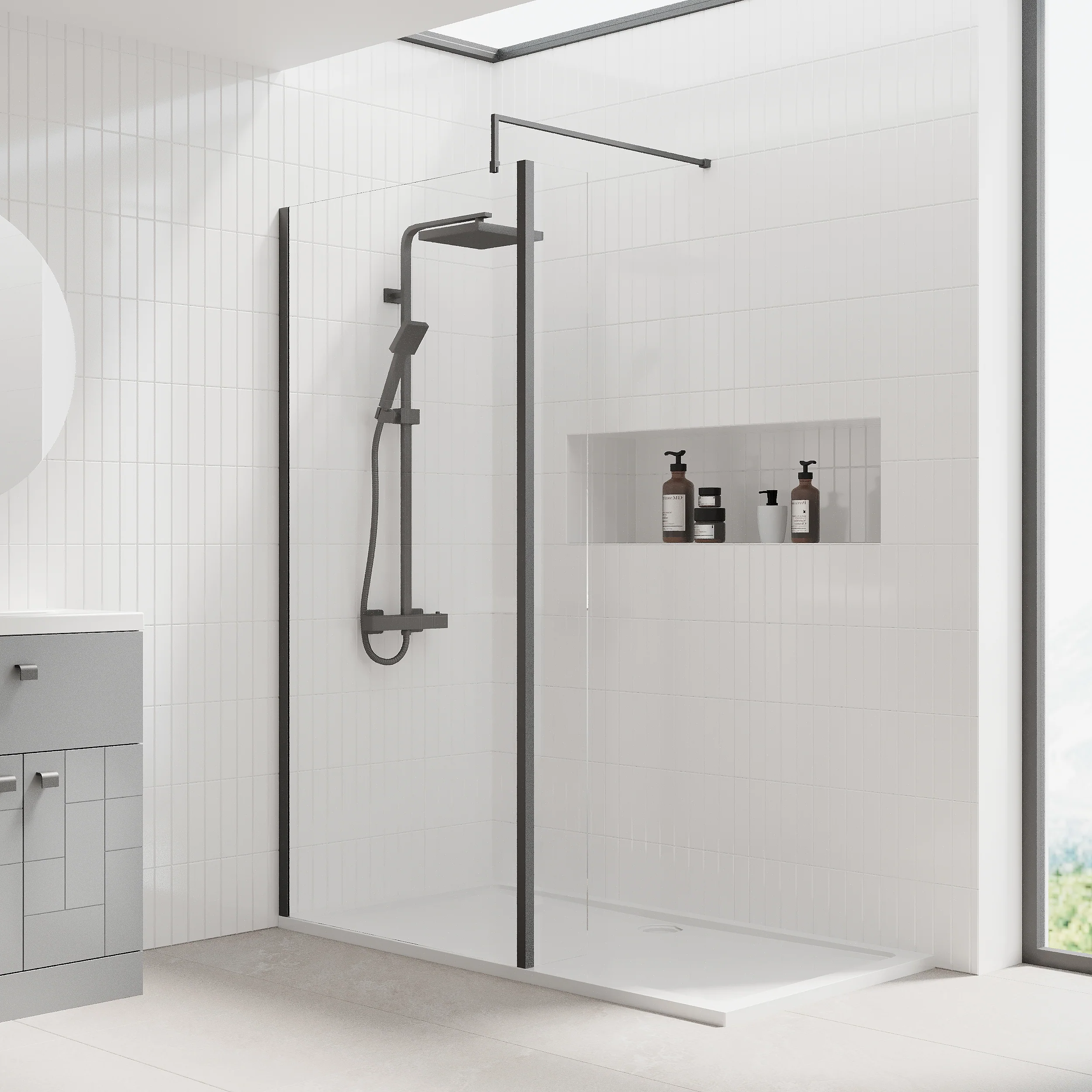 1700 x 700mm Stone Shower Tray & 8mm Screen Pack - Matt Black Profile - Image 2