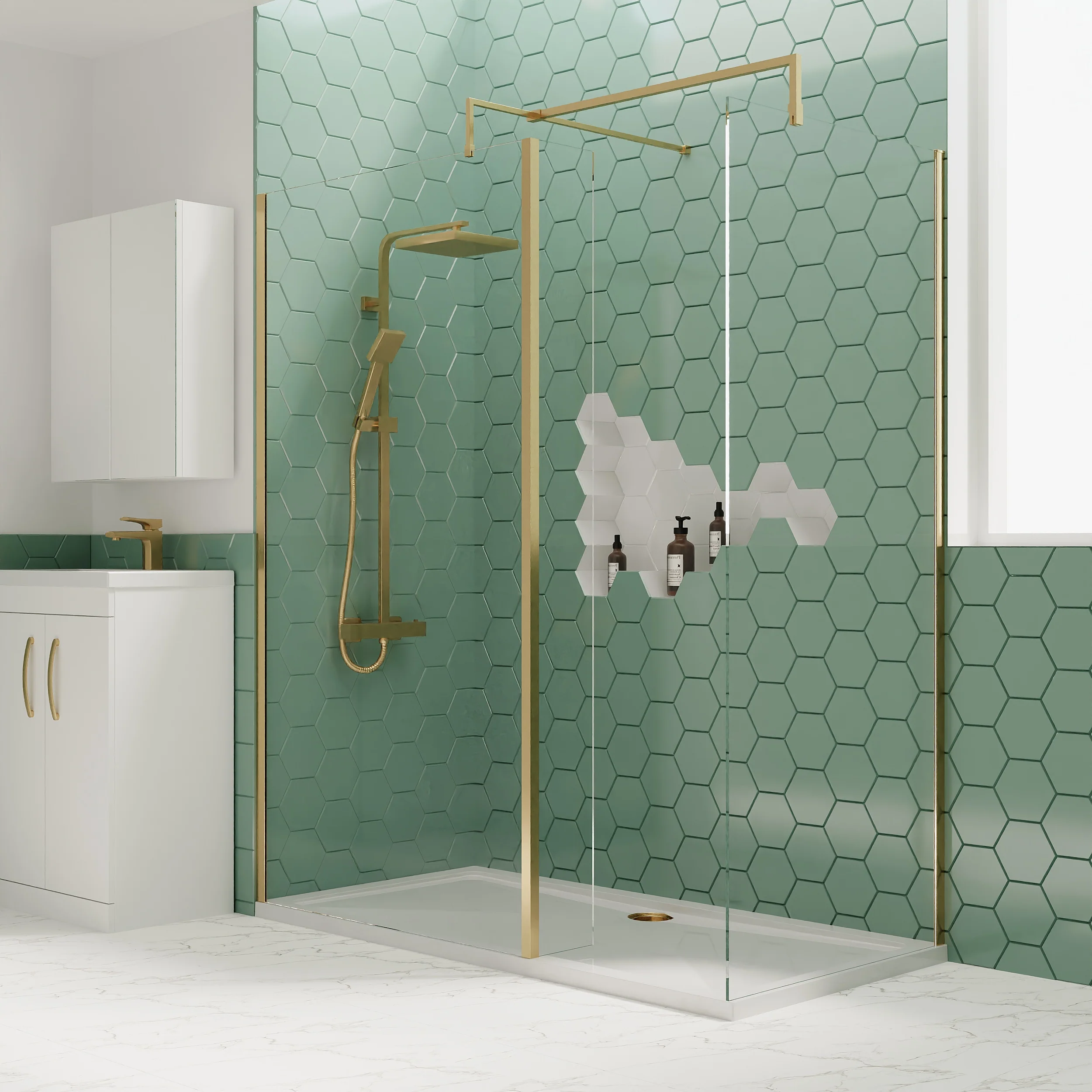 1700 x 700mm Stone Shower Tray & 8mm Screen Pack - Brushed Brass Profile - Image 5