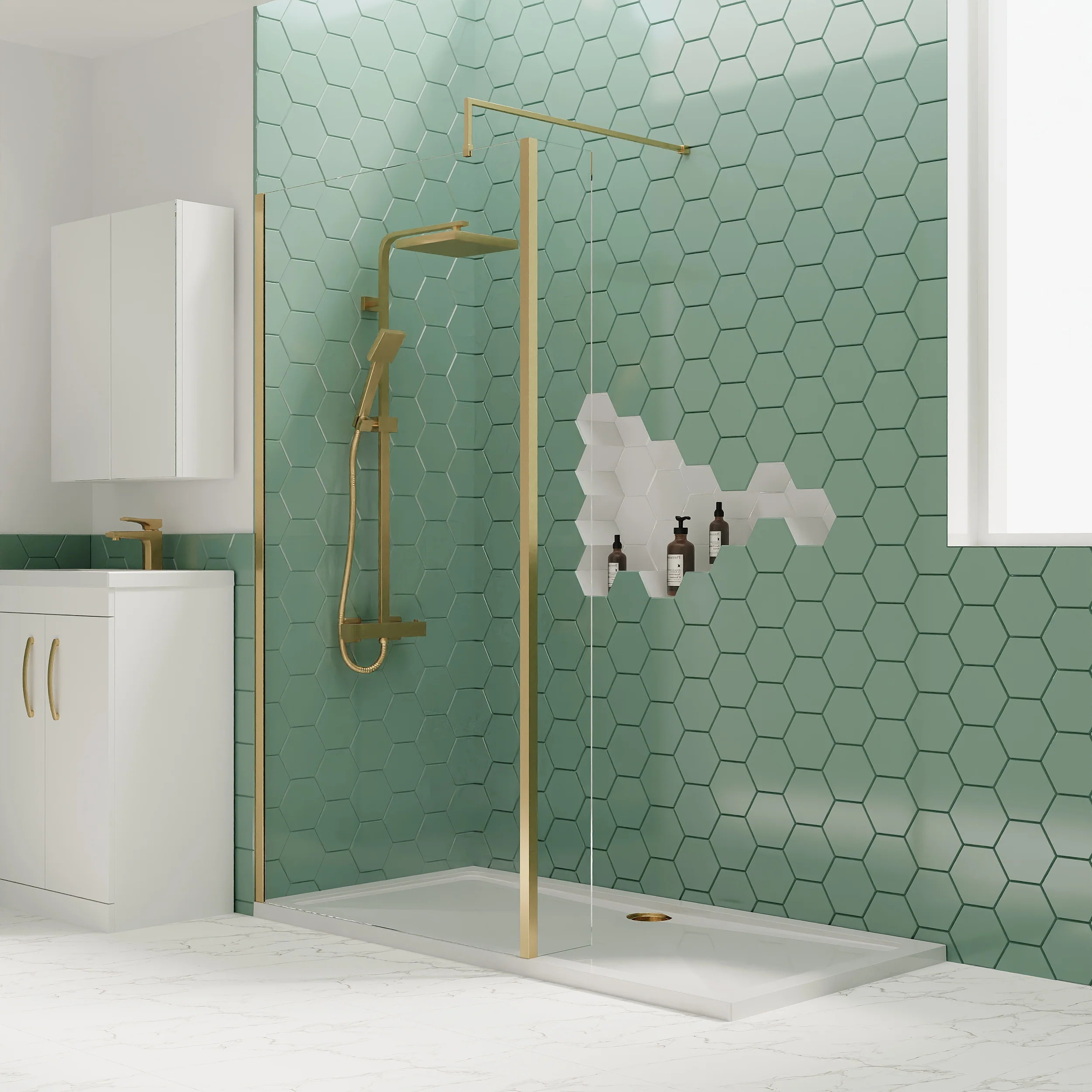 1700 x 760mm Stone Shower Tray & 8mm Screen Pack - Brushed Brass Profile - Image 2