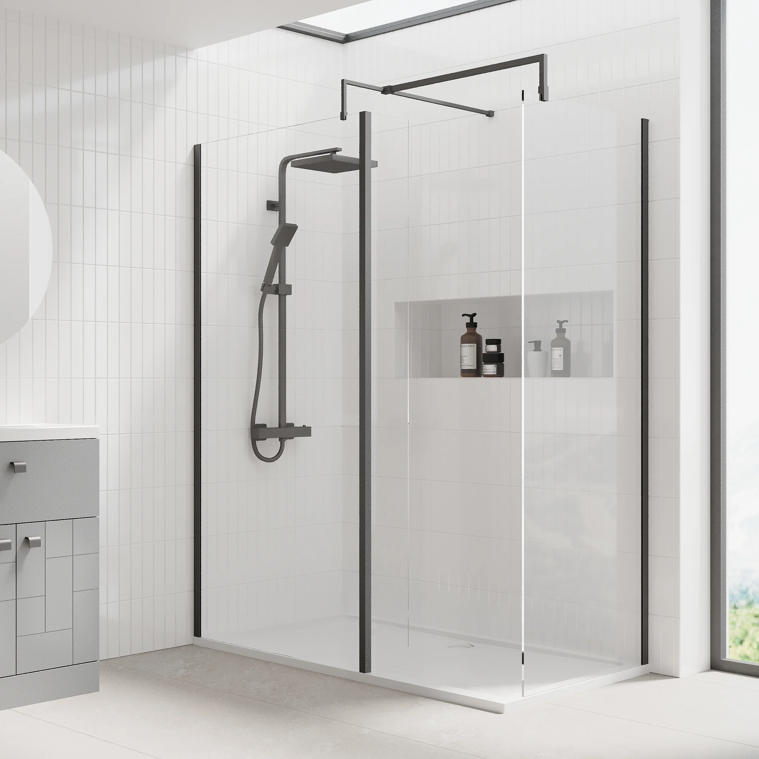 1700 x 760mm Stone Shower Tray & 8mm Screen Pack - Matt Black Profile - Image 4