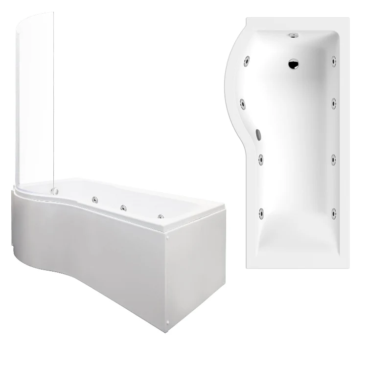 1600 x 850mm P-Shaped 8-Jet Whirlpool Bath