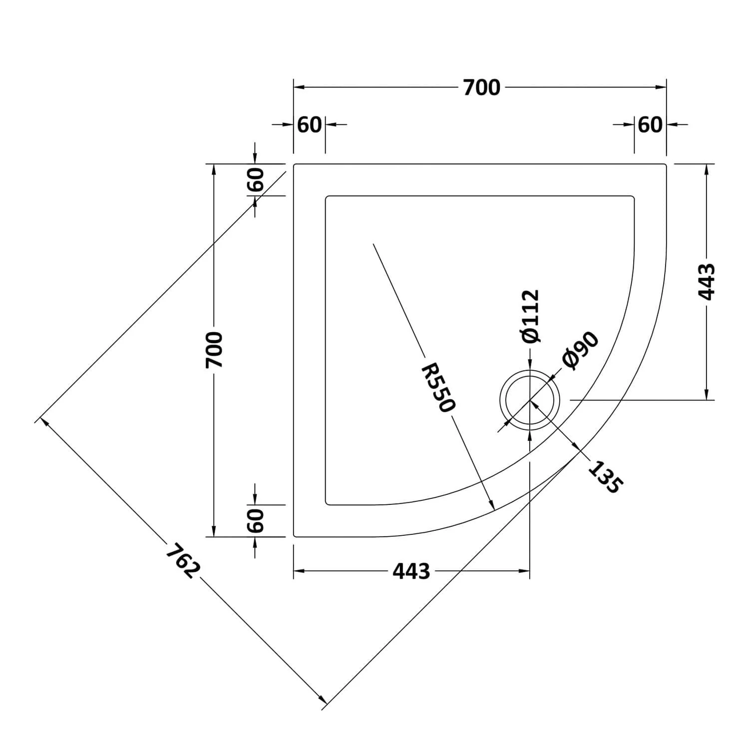 700 x 700 Quadrant Stone Shower Tray - Image 2