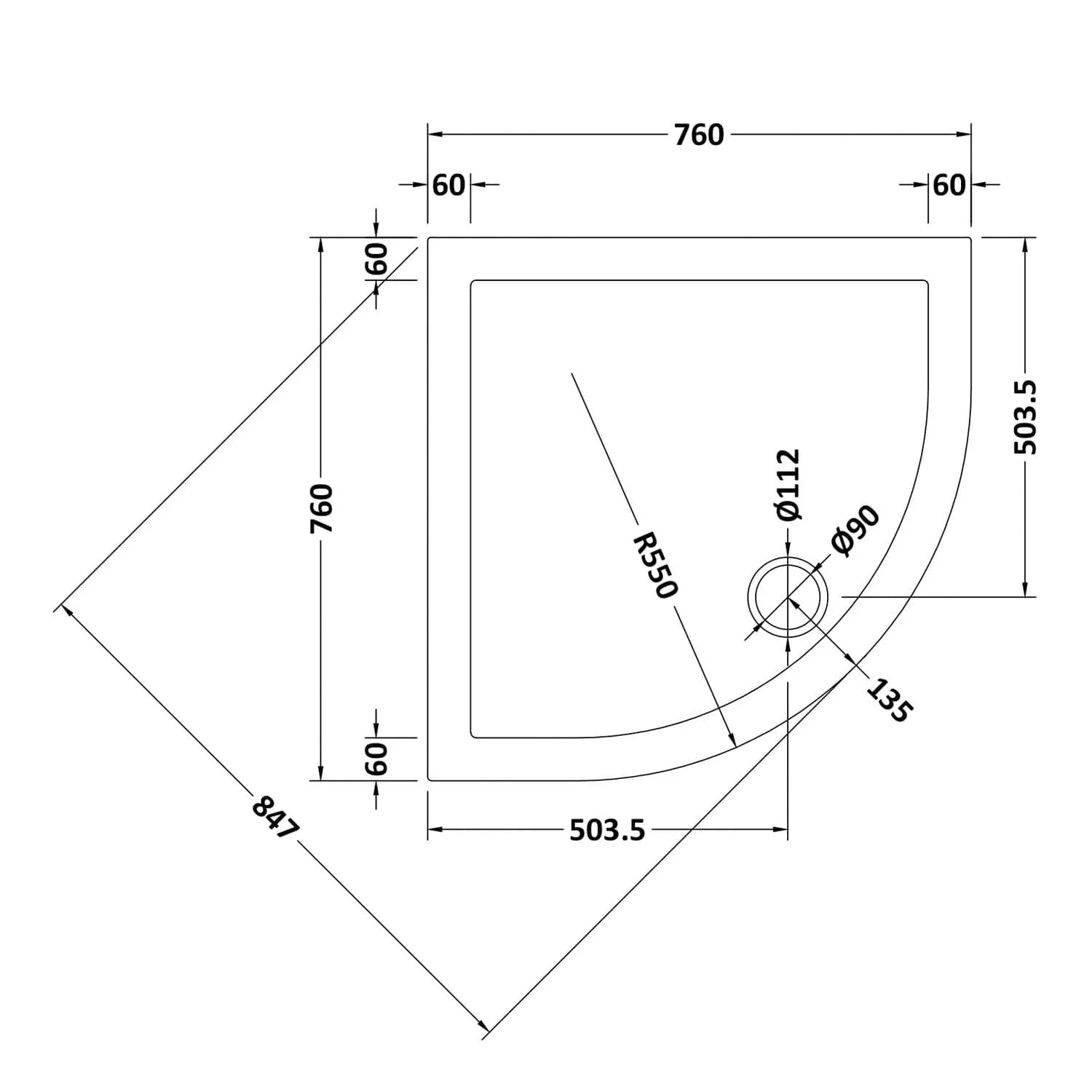 760 x 760 Quadrant Stone Shower Tray - Image 2