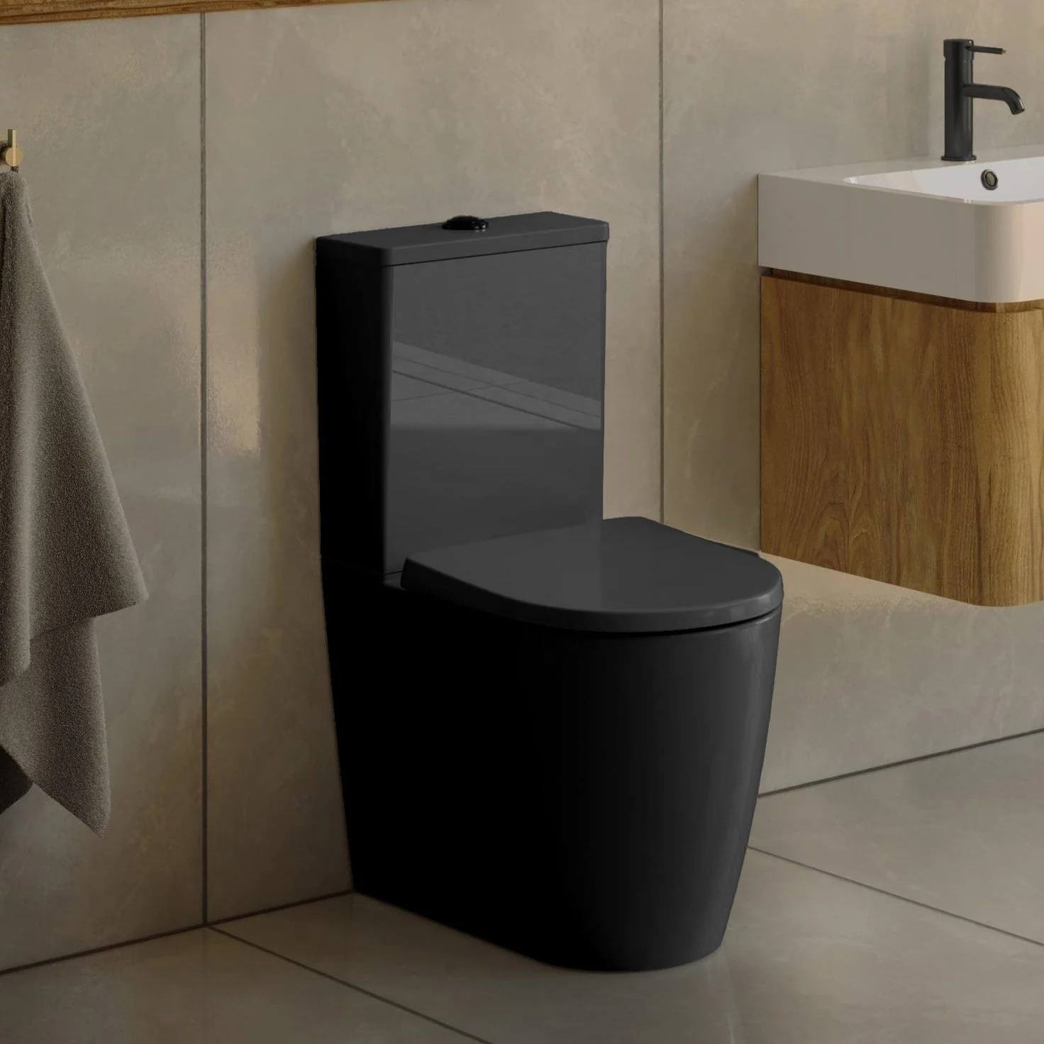 Adella Fully Back to Wall Comfort Height Toilet Set with Soft Close Seat - Matt Black
