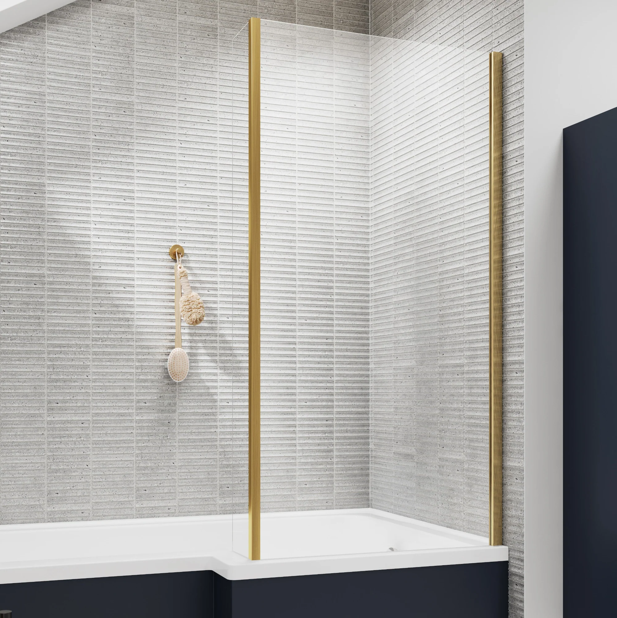 L Shaped Hinged Bath Screen with Return Screen - Brushed Brass