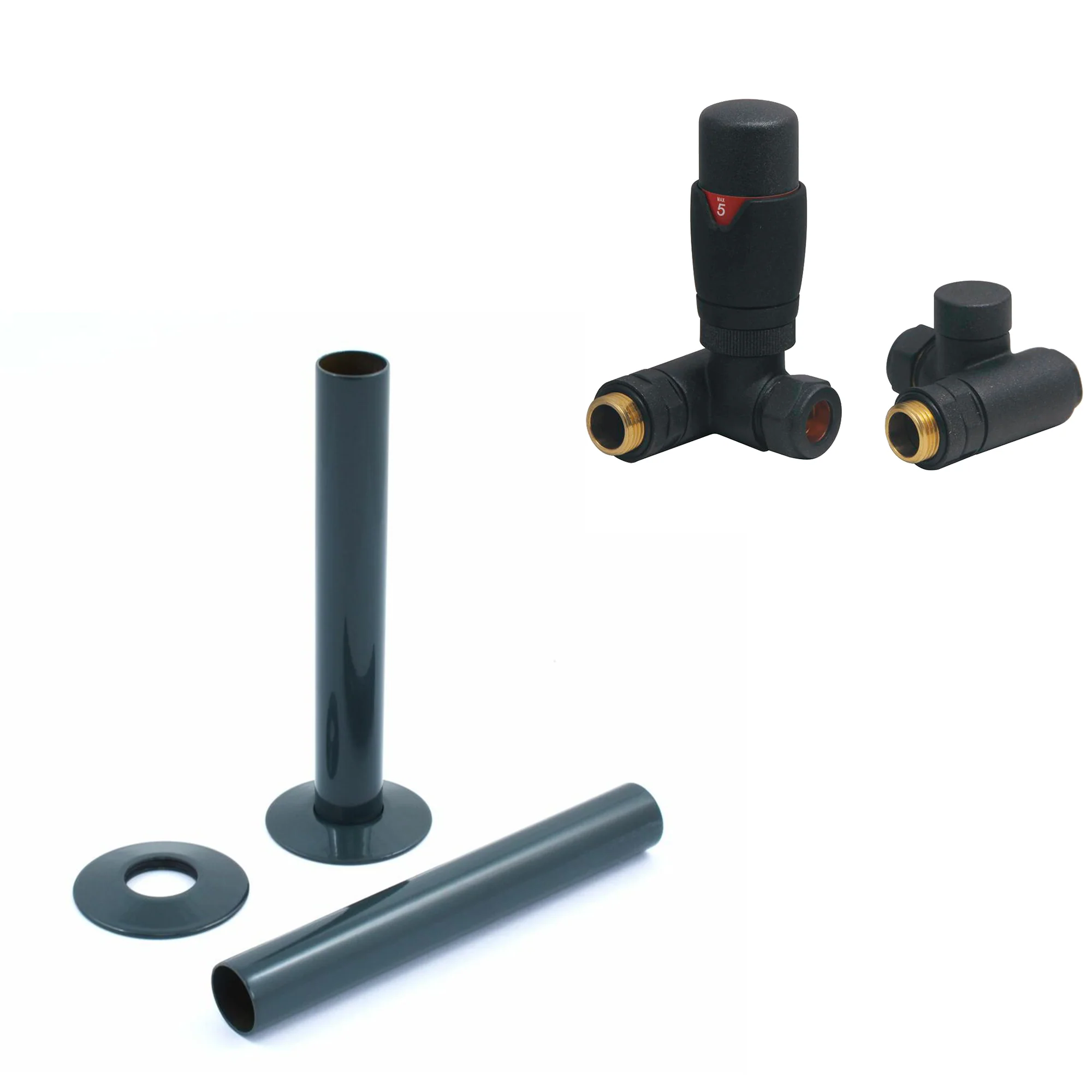 Anthracite Thermostatic Dual Fuel Radiator Round Valves with 130mm Pipe Sleeves - Corner