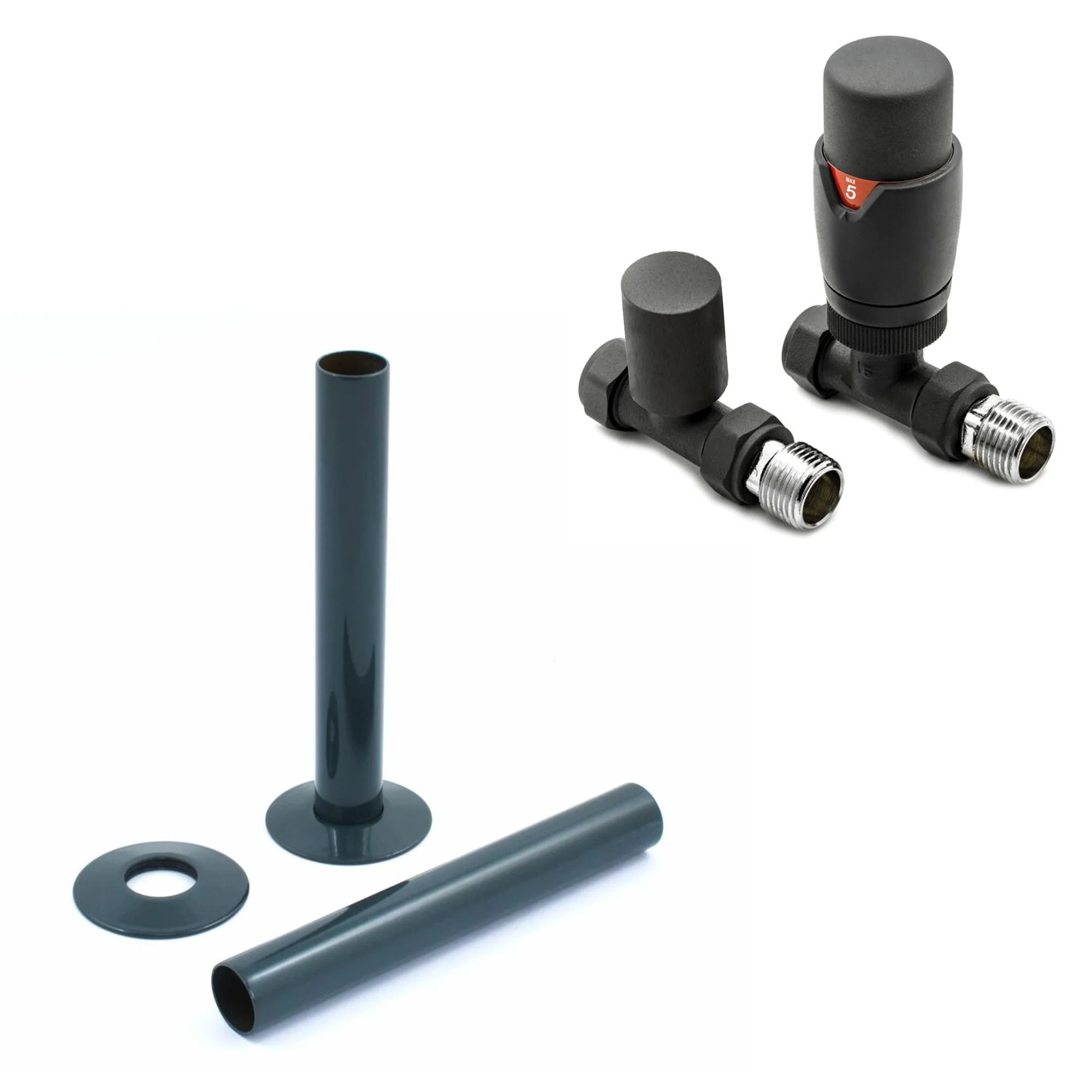 Anthracite Thermostatic Radiator Round Valves with 130mm Pipe Sleeves - Straight
