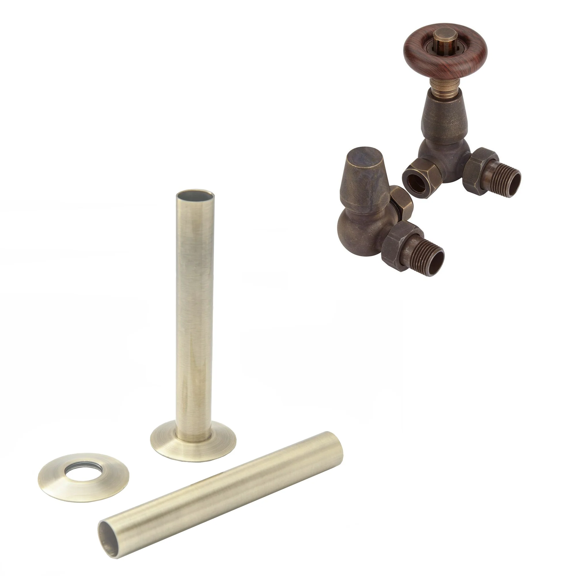 Antique Brass Thermostatic Radiator Round Valves with 130mm Pipe Sleeves - Corner