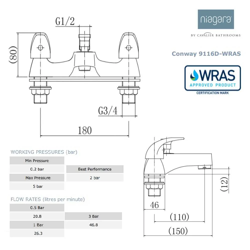 Aquadart Conway Deck Mounted Bath Shower Mixer WRAS - Chrome - Image 3