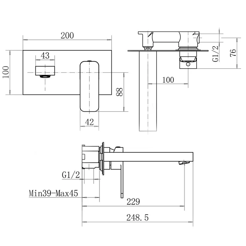 Aquadart Hadley Wall Mounted Basin Mixer - Matt Black - Image 2