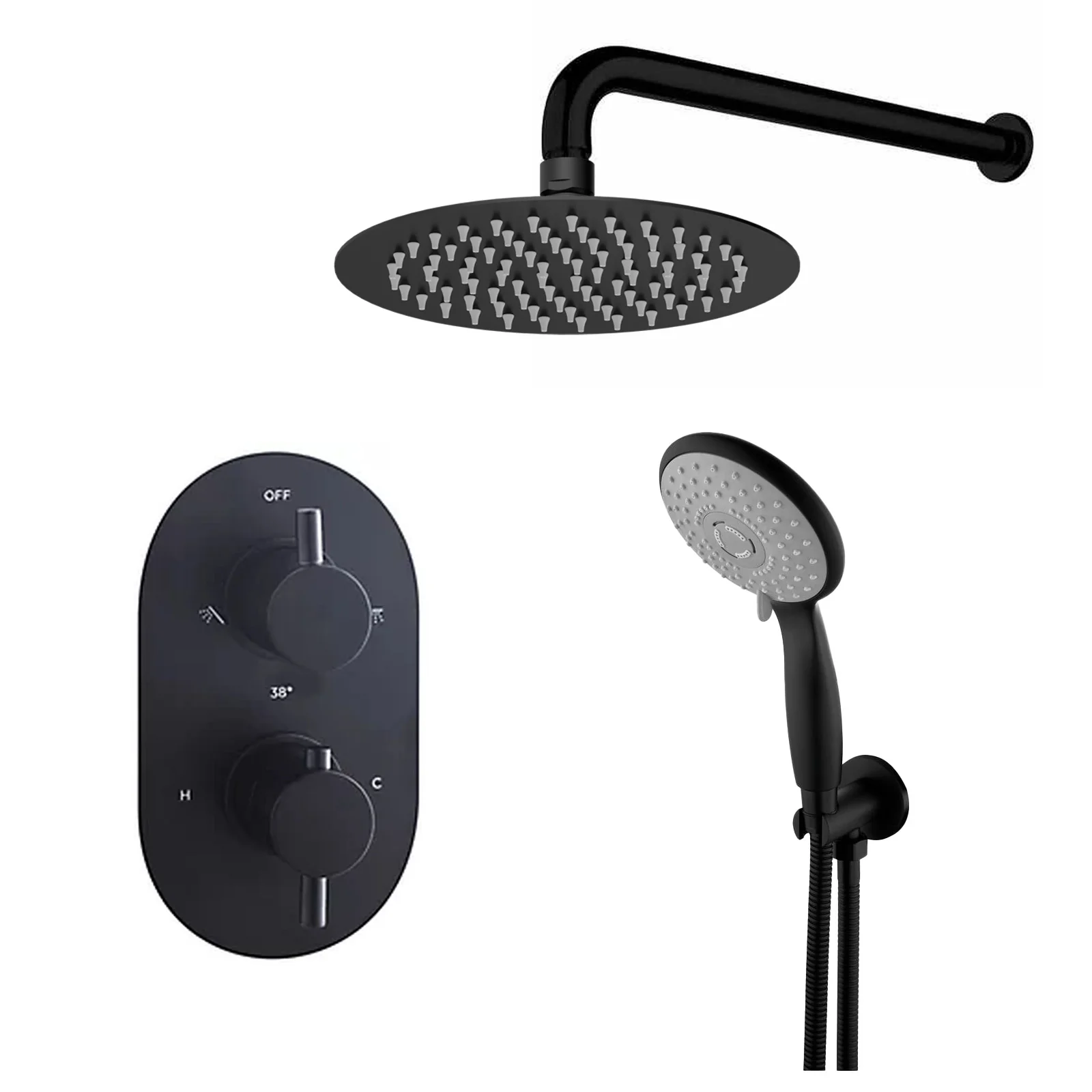Aquadart Thermostatic Concealed Twin Valve with Round Fixed Shower Head and Round Handset - Black