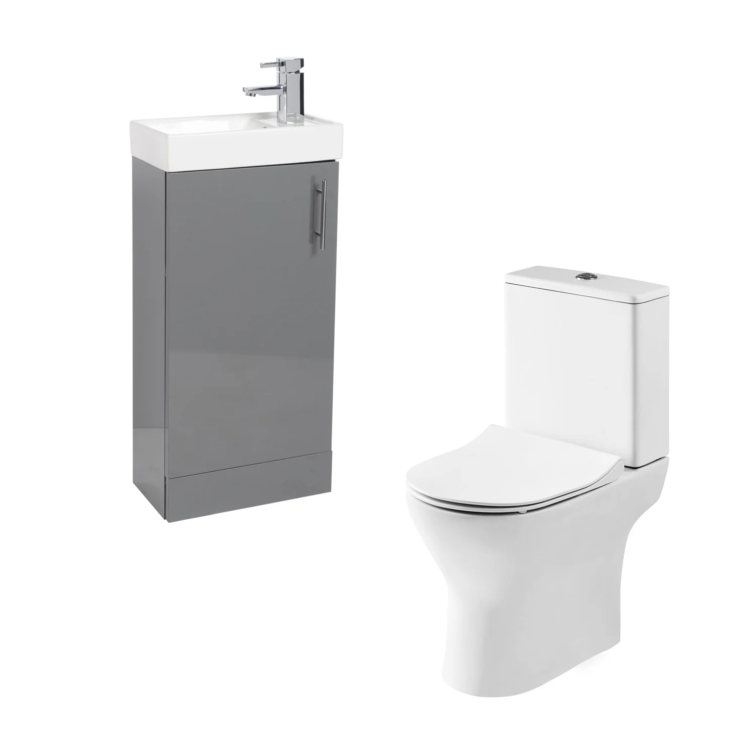 Aria Rimless Close Coupled Toilet with Grey Floor standing Cloakroom Unit