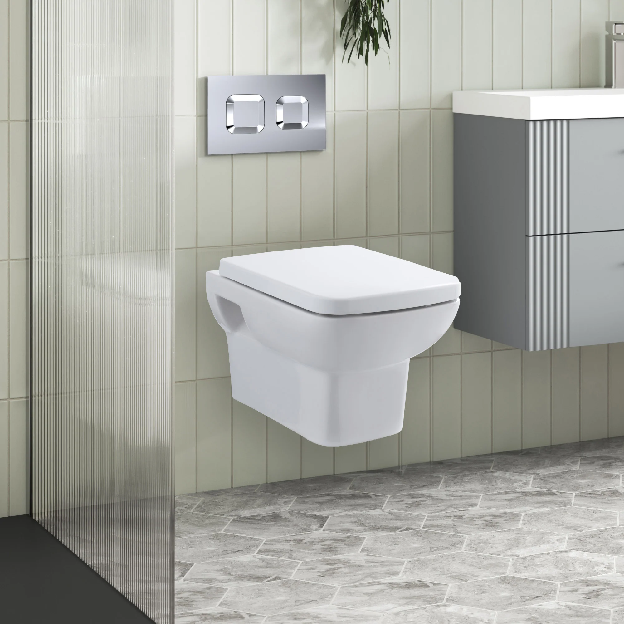 Arlo Mid-Height Concealed Cistern Frames Wall Hung Pan with Soft Closed Seat - Square Plate - Image 2