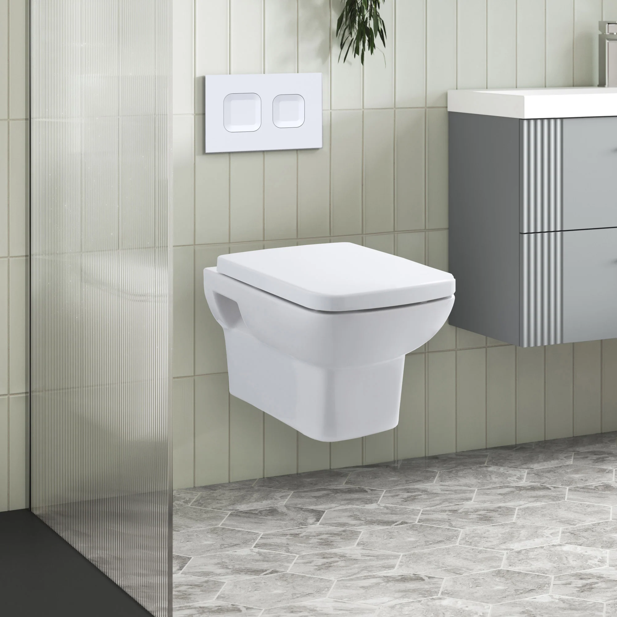Arlo Mid-Height Concealed Cistern Frames Wall Hung Pan with Soft Closed Seat - Square Plate - Image 3