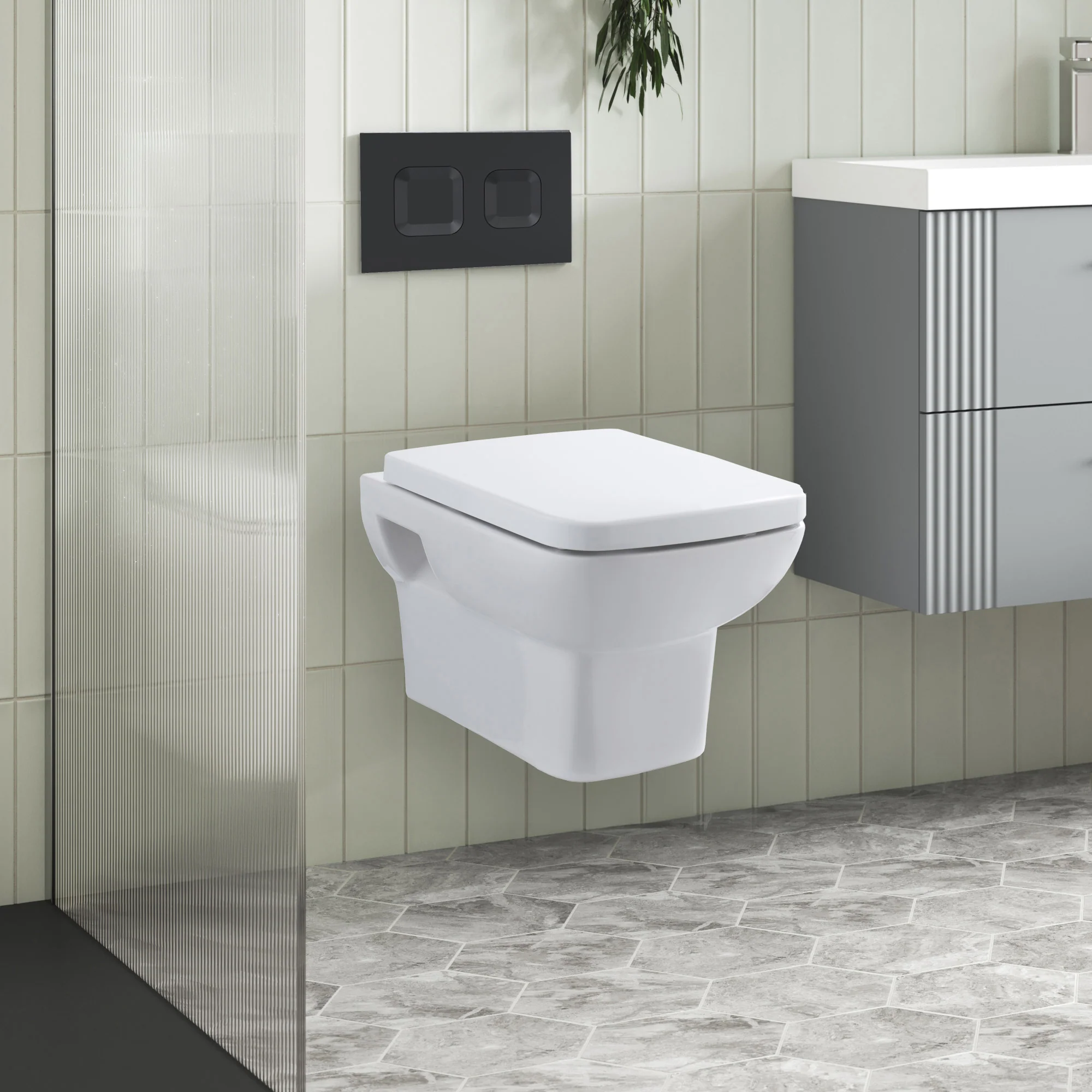 Arlo Mid-Height Concealed Cistern Frames Wall Hung Pan with Soft Closed Seat - Square Plate - Image 4