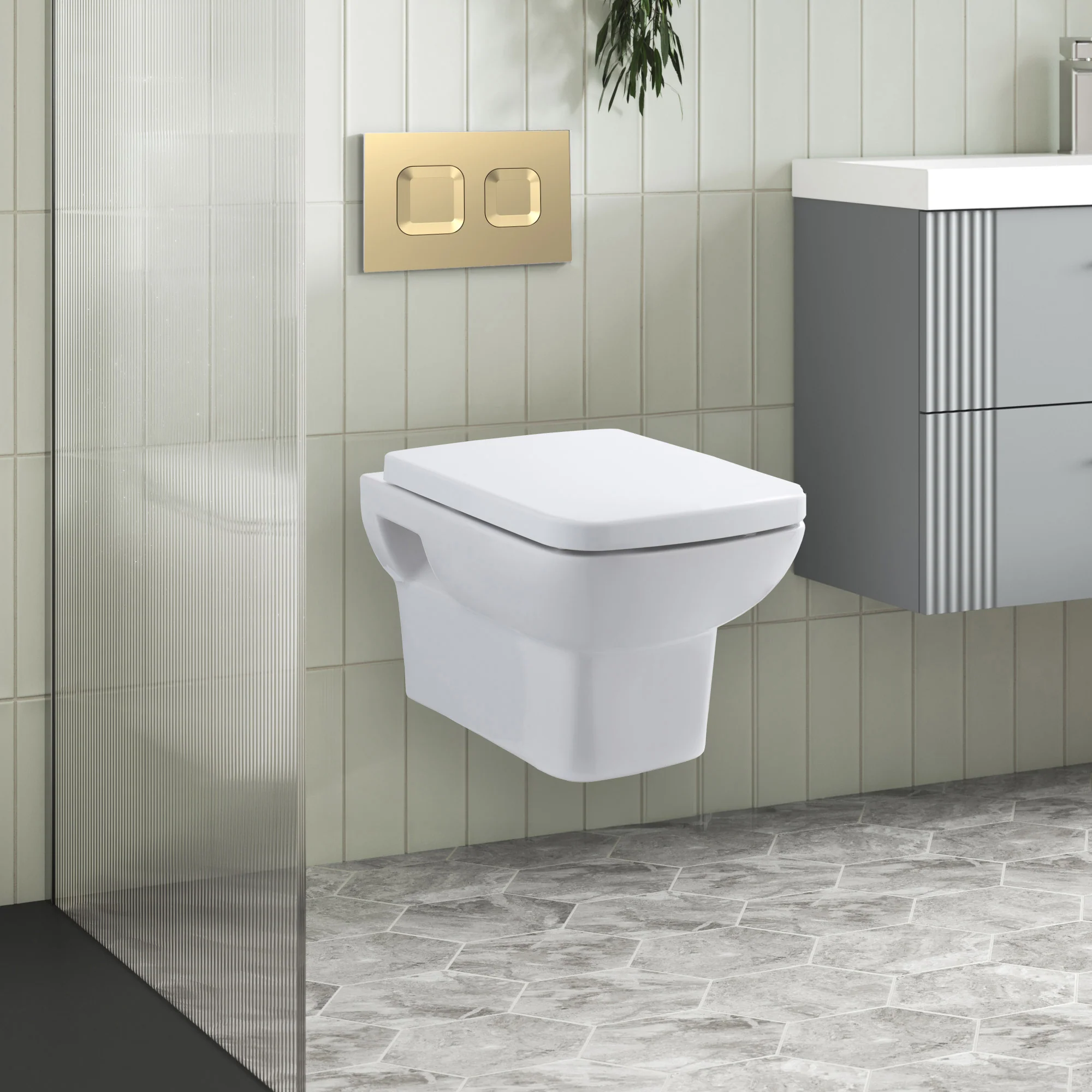 Arlo Mid-Height Concealed Cistern Frames Wall Hung Pan with Soft Closed Seat - Square Plate - Image 5