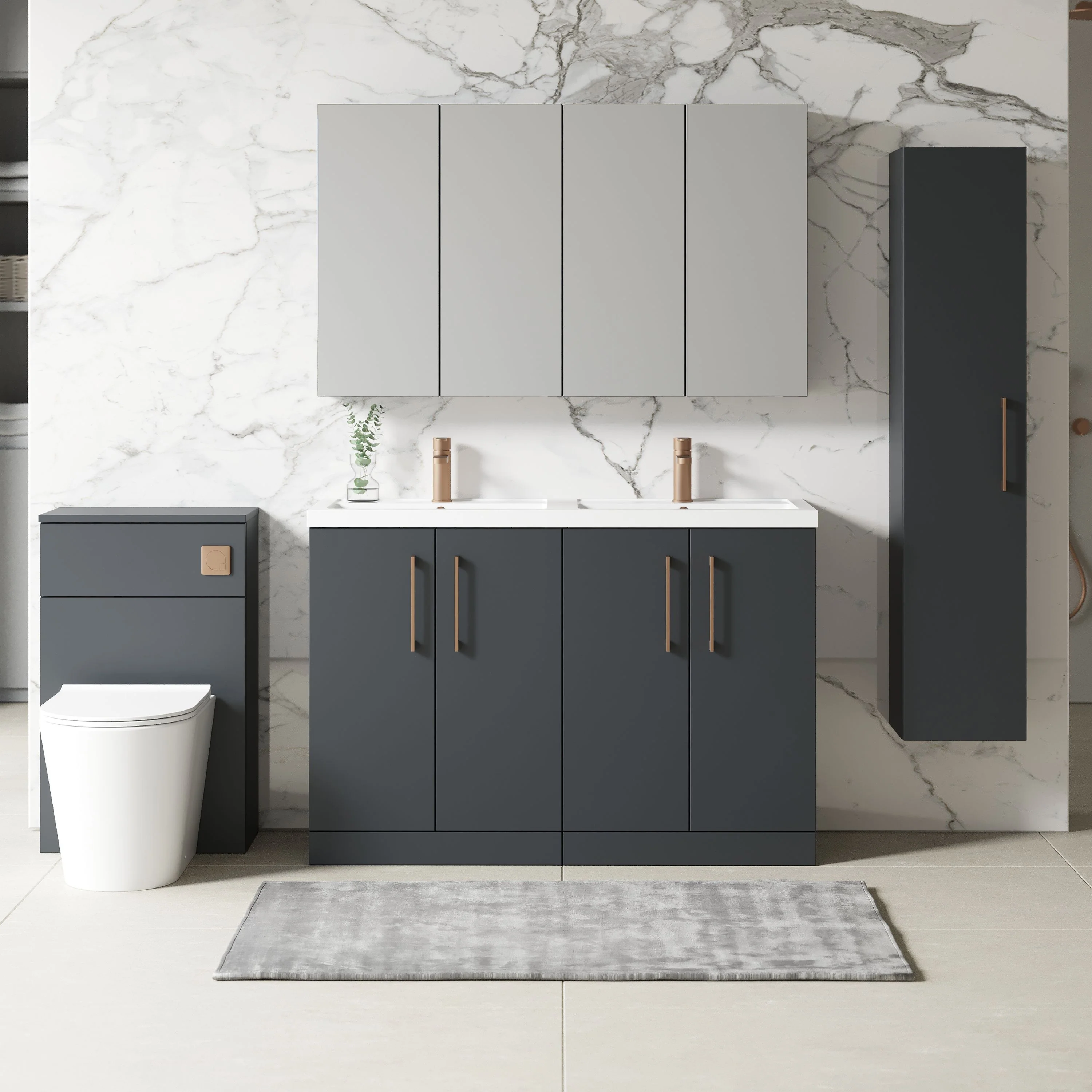 Nuie Arno 1200mm Floor Standing 4-Door Vanity & Double Polymarble Basin - Soft Black - Image 4
