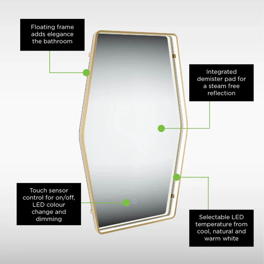 Aspect Art Deco TrioTone® Floating edge LED Illuminated Frame Mirror - 600 x 900 - Brushed Brass - Image 3