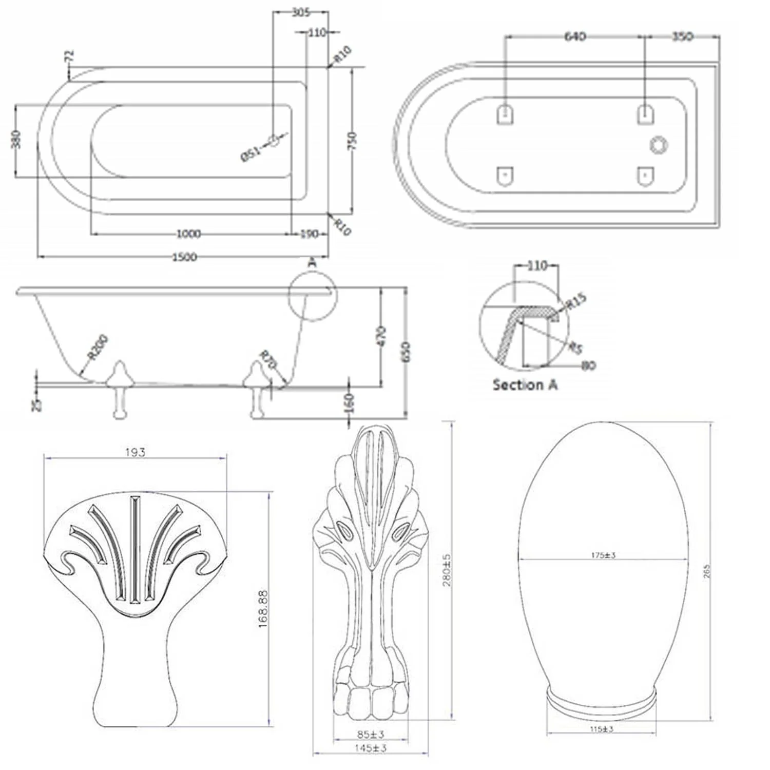 Bayswater 1500mm Single Ended Freestanding Shower Bath with Screen - Image 7