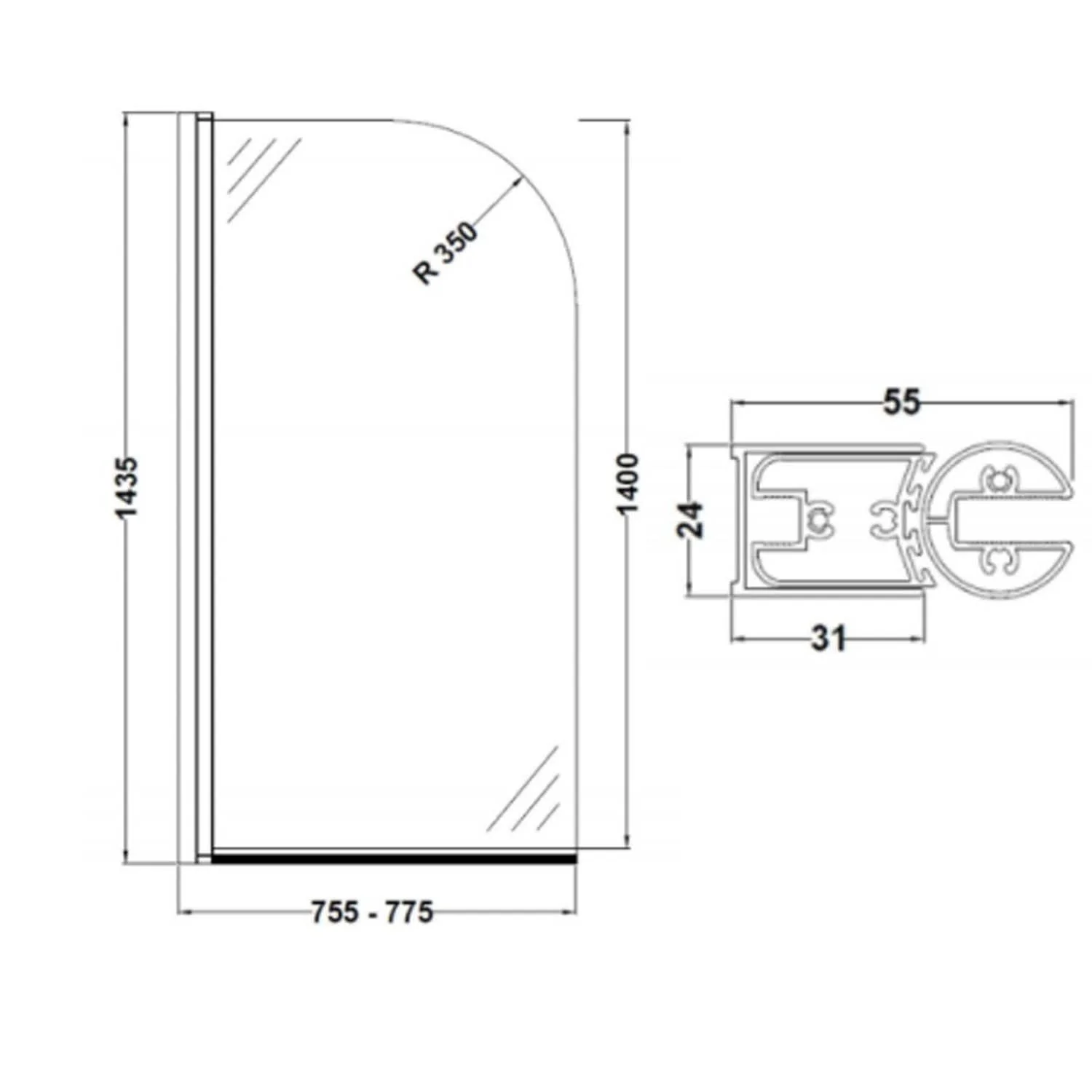 Bayswater 1500mm Single Ended Freestanding Shower Bath with Screen - Image 8