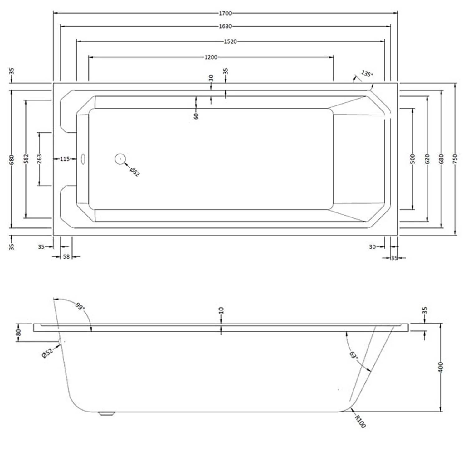 Bayswater Bathurst 1700 x 750 Single Ended Bath - Image 2