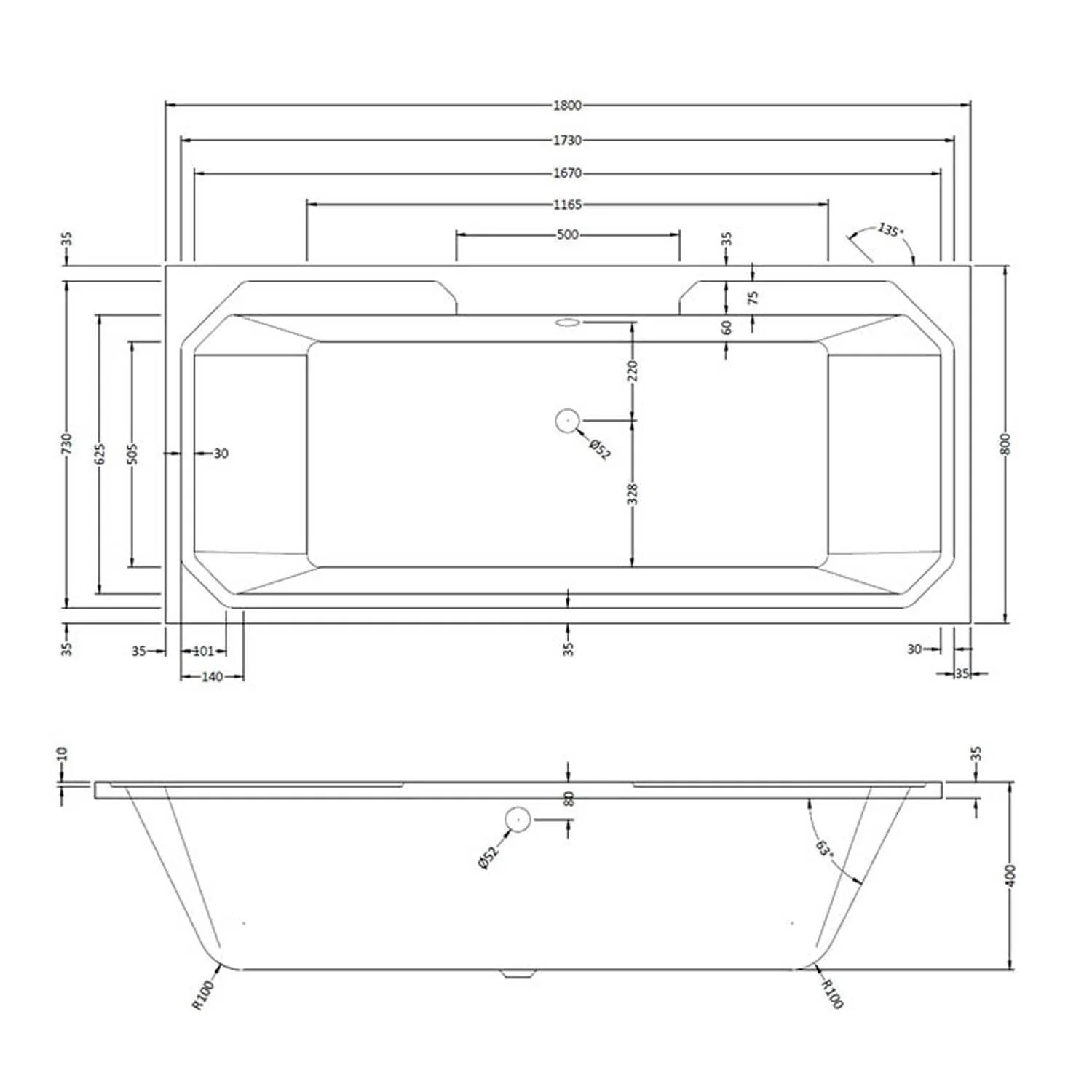 Bayswater Bathurst 1800 x 800 Double Ended Bath - Image 3
