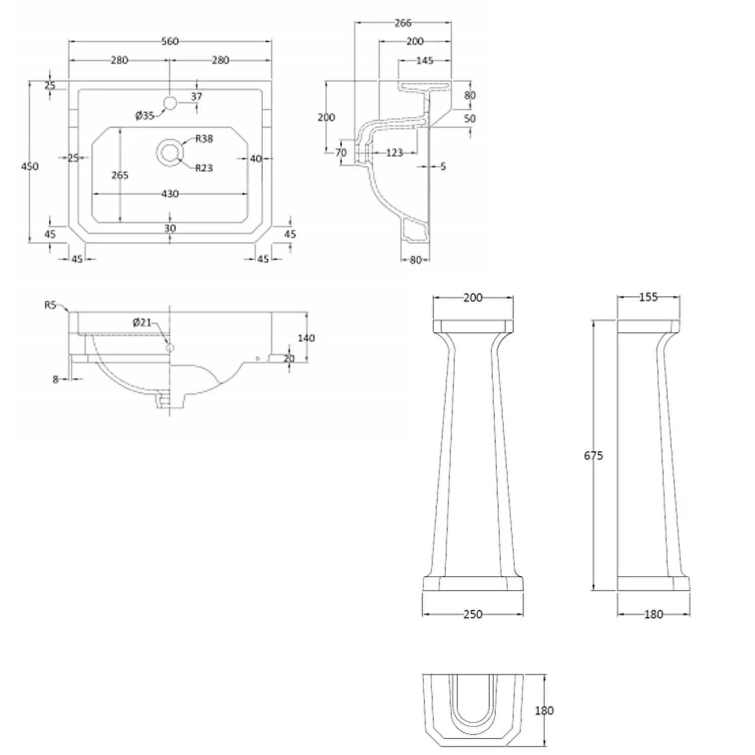 Bayswater Fitzroy 1TH 560mm Basin & Pedestal - Image 2
