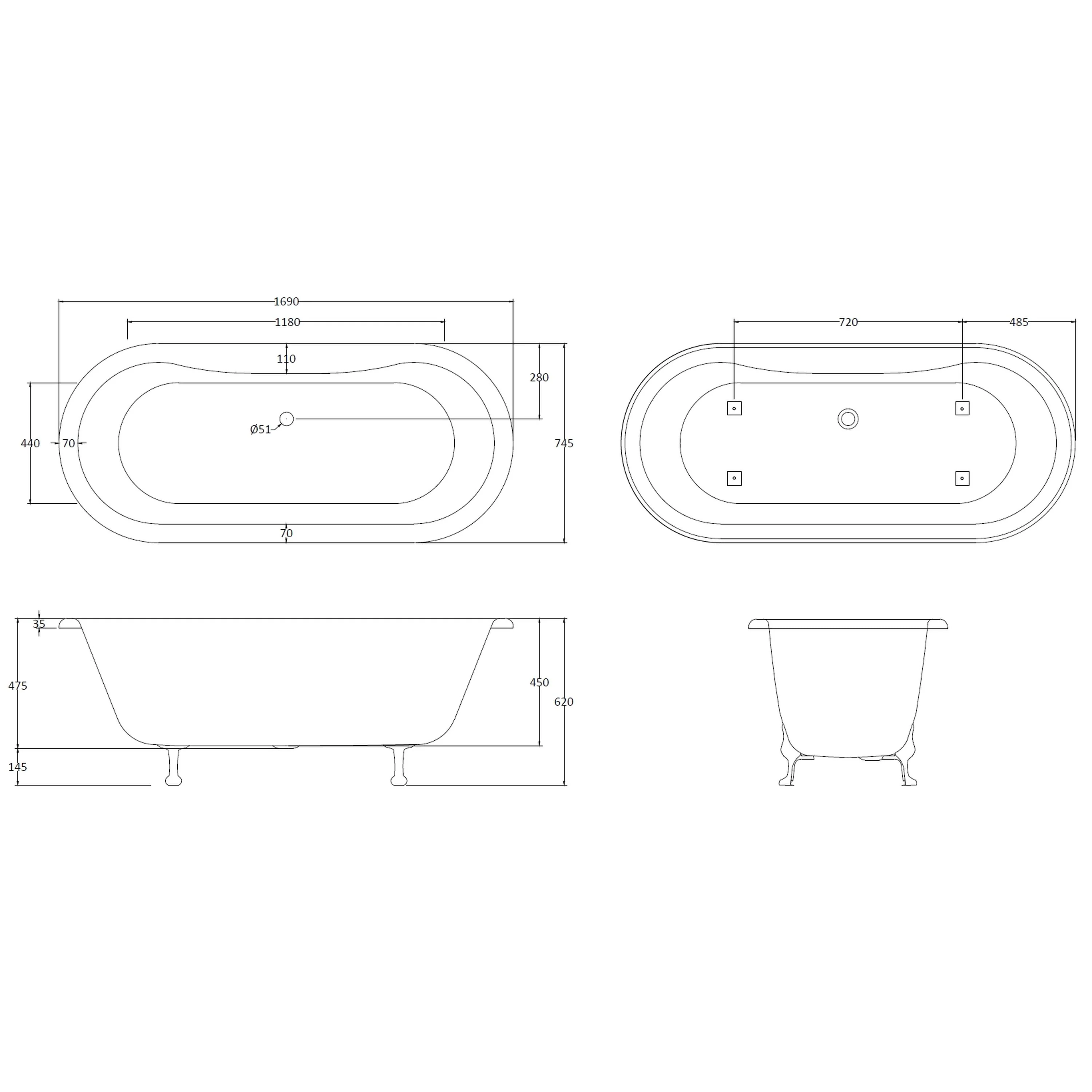 BC Designs Elmstead 1700mm Double Ended Freestanding Bath - Image 9