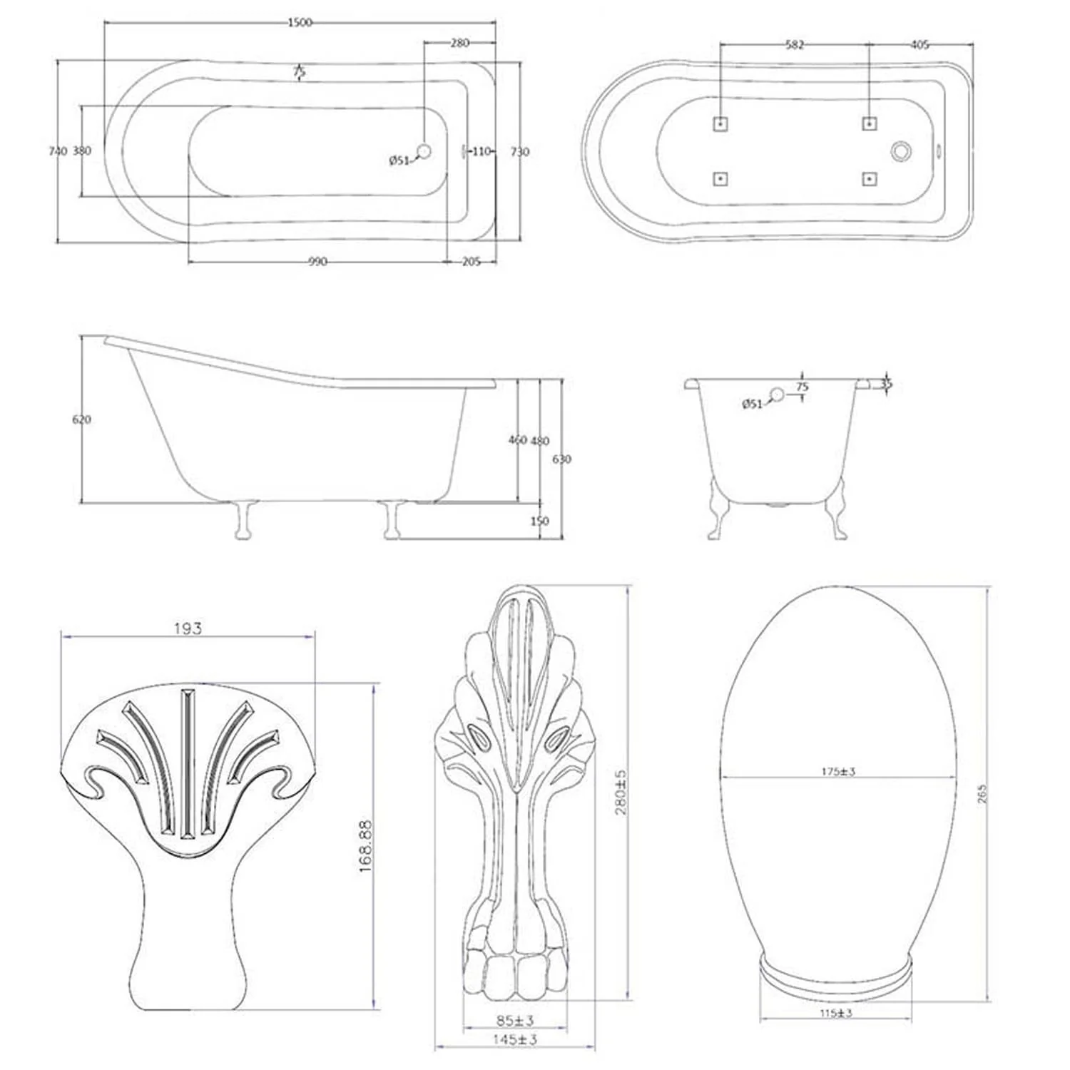 Bayswater Pembridge 1500mm Slipper Freestanding Bath - Image 7