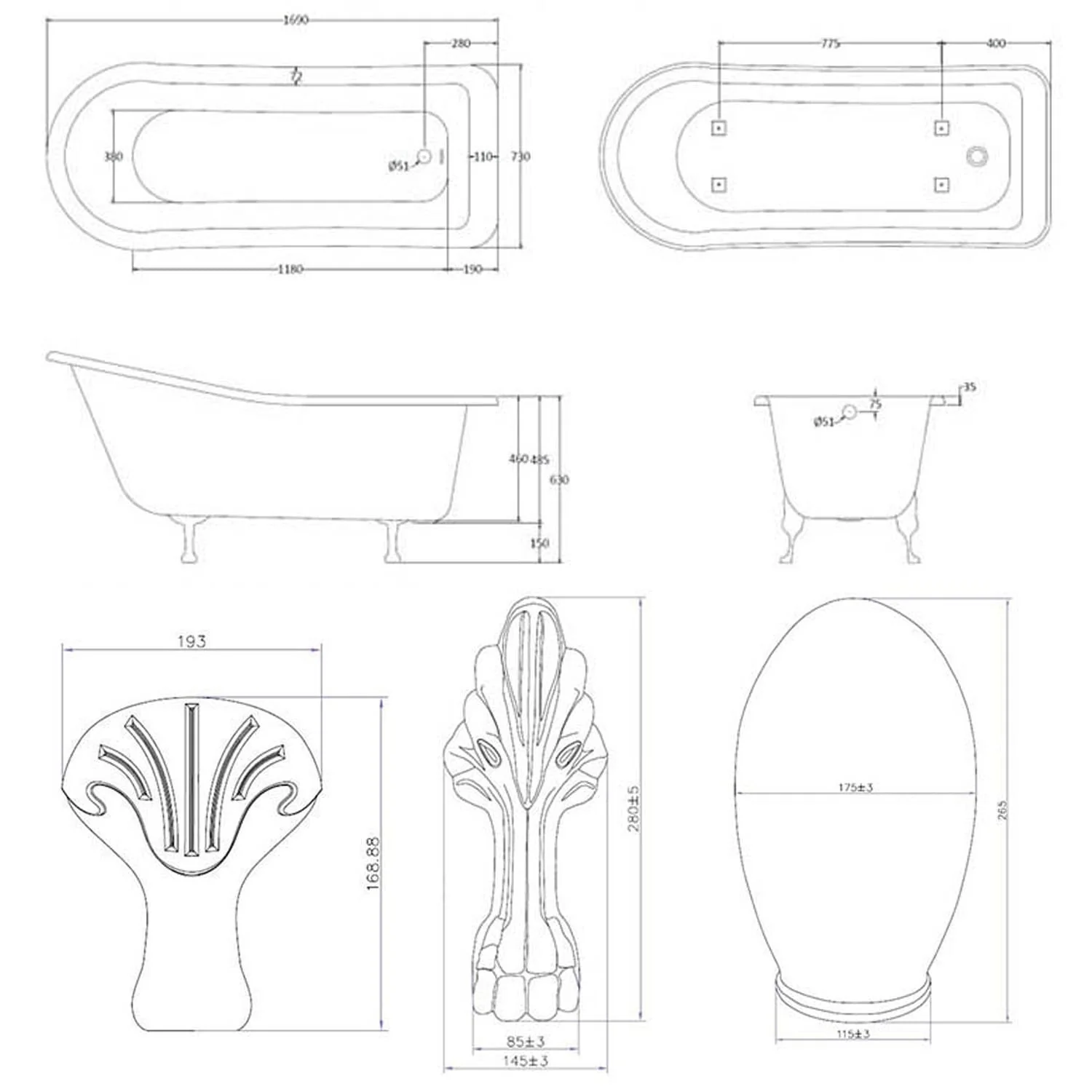 Bayswater Pembridge 1700mm Slipper Freestanding Bath - Image 7