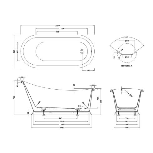 Bayswater Victrion Free Standing Slipper Boat Bath 1700m - Dark Lead - Image 2