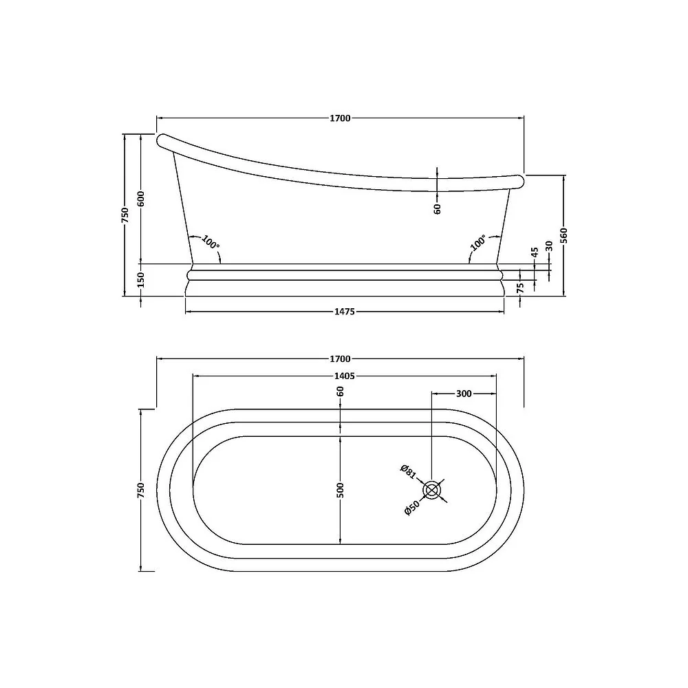 BC Designs Freestanding Slipper Bath 1700 x 750mm Copper/Nickel - Image 3