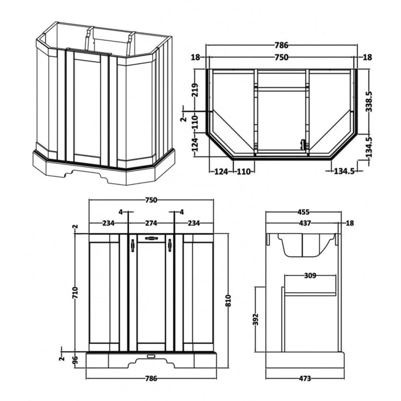 Bayswater Victrion 3-Door Angled Vanity Unit 750mm Wide - Forest Green (Excluding Basin) - Image 3