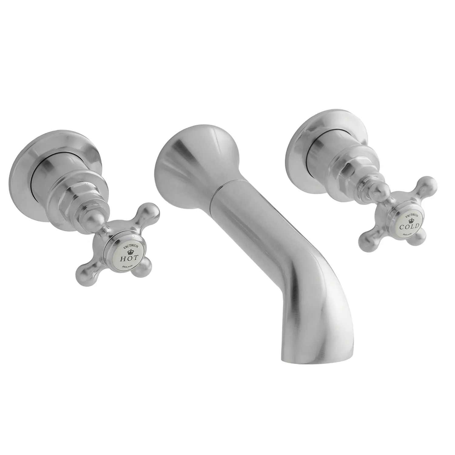 BC Designs Victrion Brushed Chrome Crosshead 3-Hole Wall Basin Filler With Spout