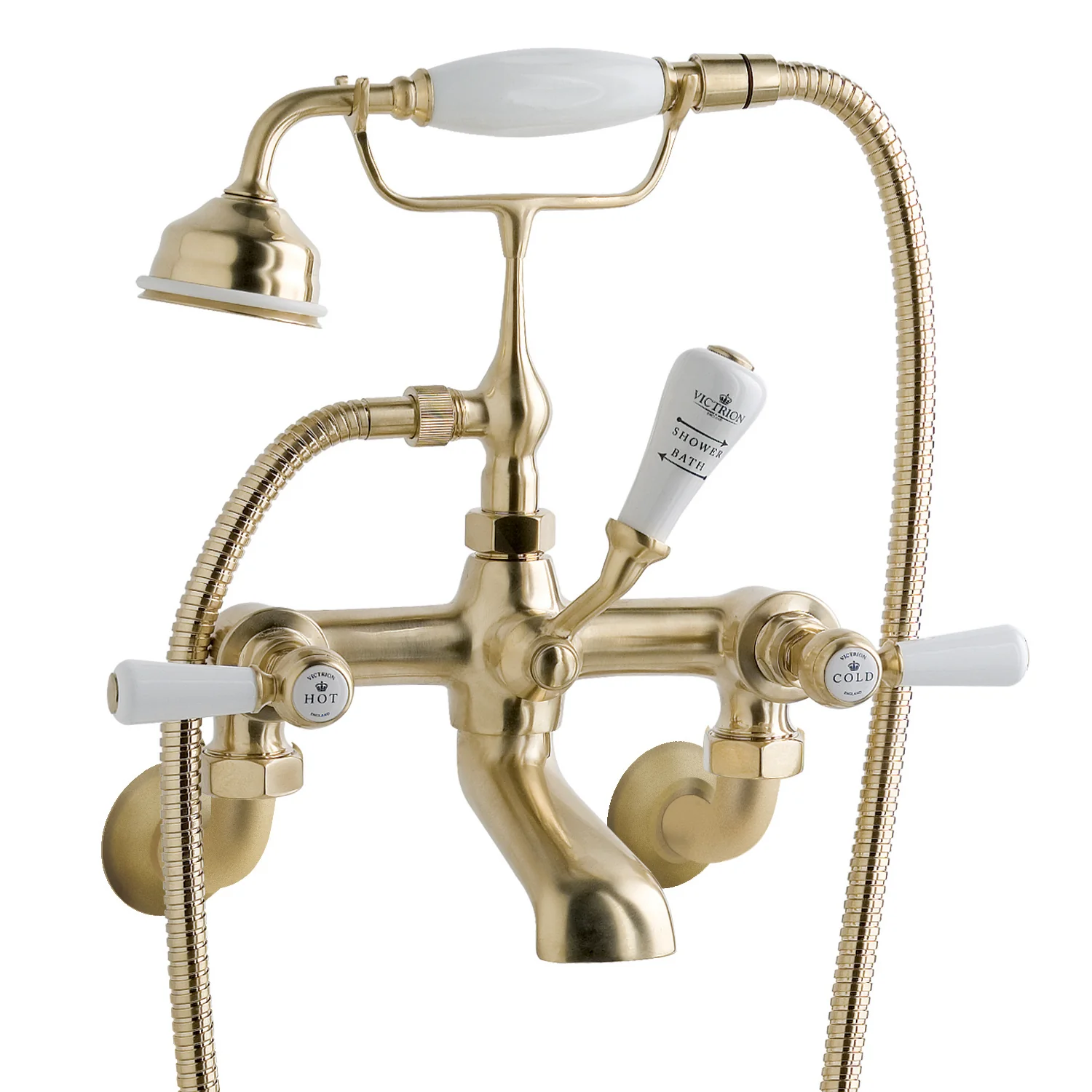 BC Designs Victrion Wall Mounted Lever Bath Shower Mixer - Brushed Gold - Image 2