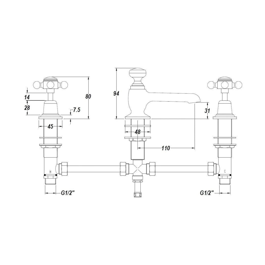 BC Designs Victrion Brushed Nickel Crosshead 3 Tap Hole Basin Mixer - Image 4