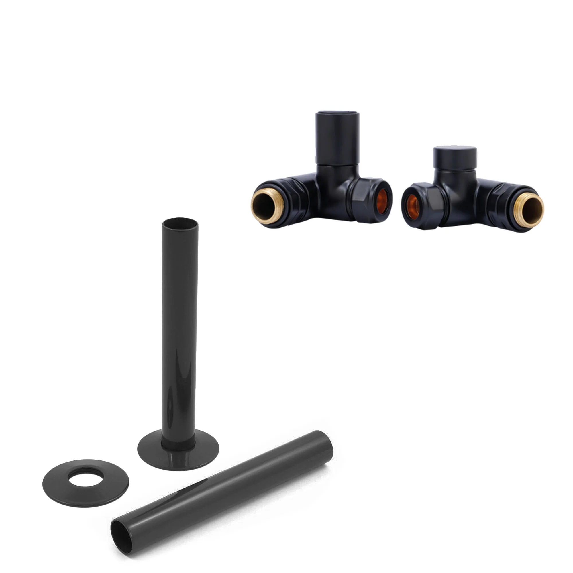 Black Manual Dual Fuel Radiator Round Valves with 130mm Pipe Sleeves - Corner