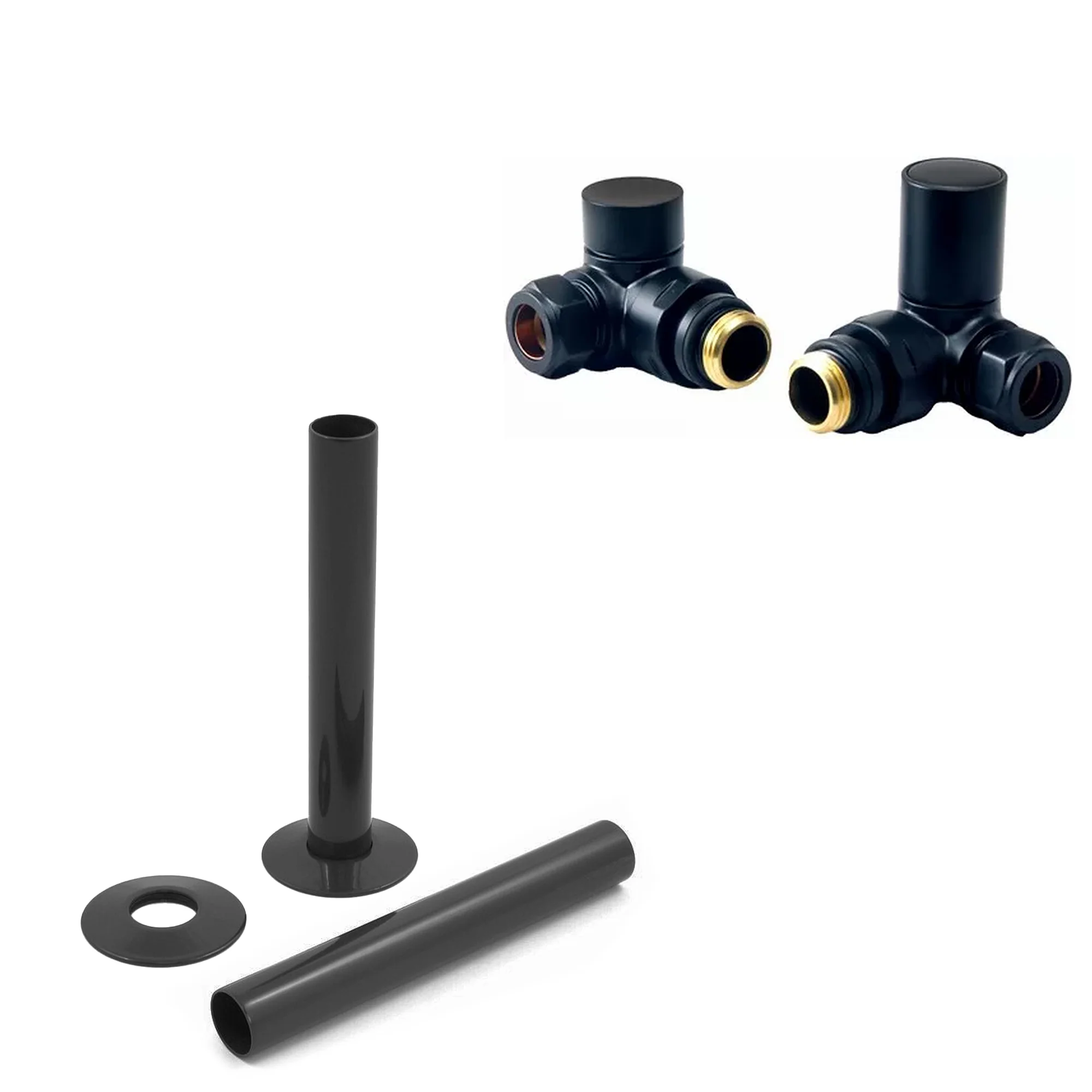 Black Manual Radiator Round Valves with 130mm Pipe Sleeves - Corner