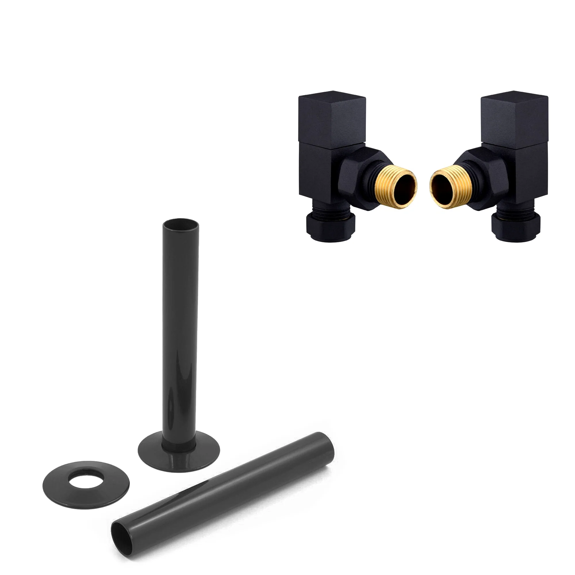 Black Manual Radiator Square Valves with 130mm Pipe Sleeves - Angled